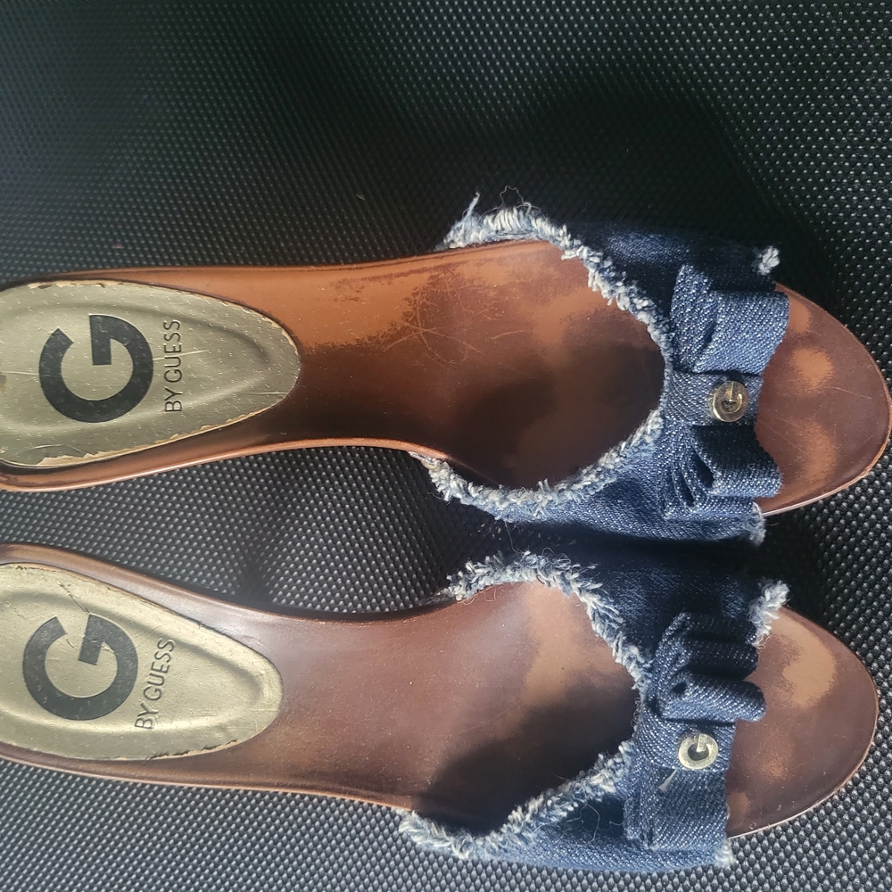 Guess Distressed Denim Blue and Brown Sandals